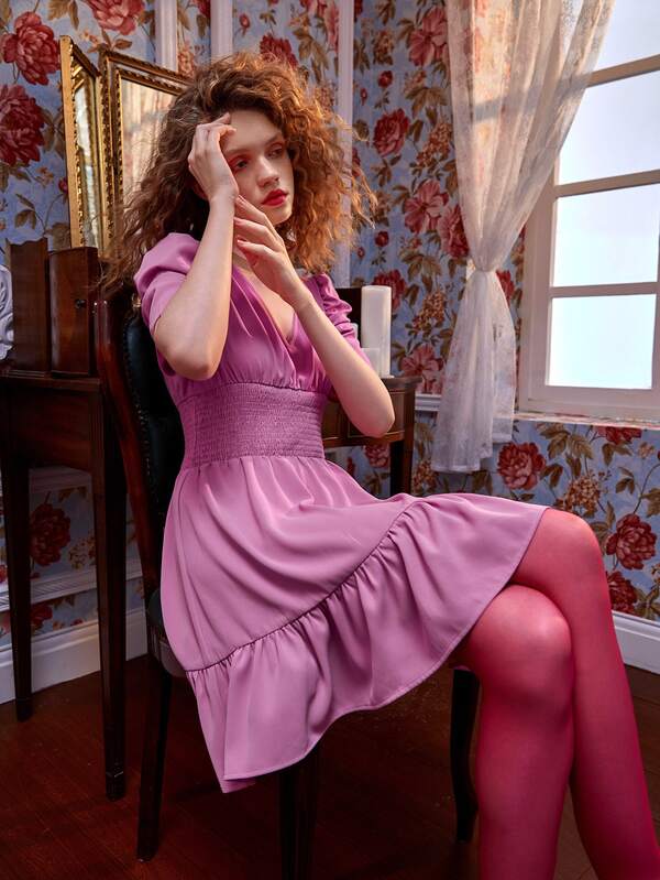 ANASAND Puff Sleeve Shirred Waist Ruffle Hem Dress