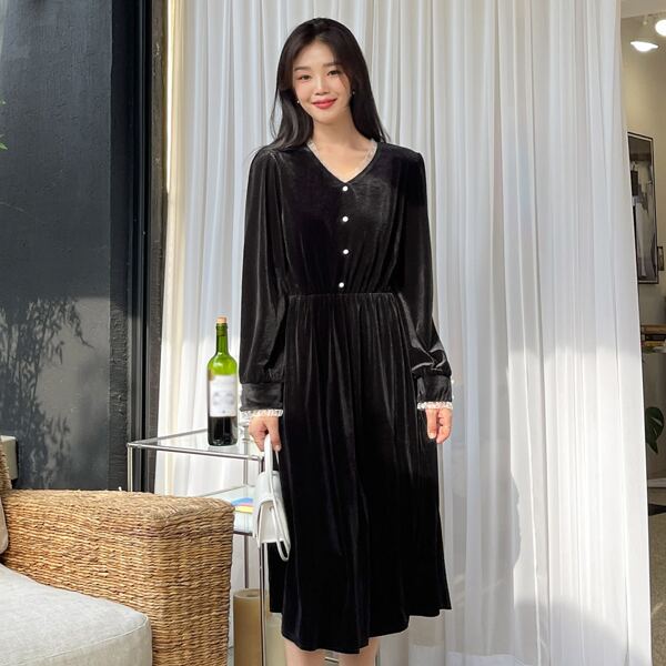

Frill Trim Half Button Velvet Dress, Black