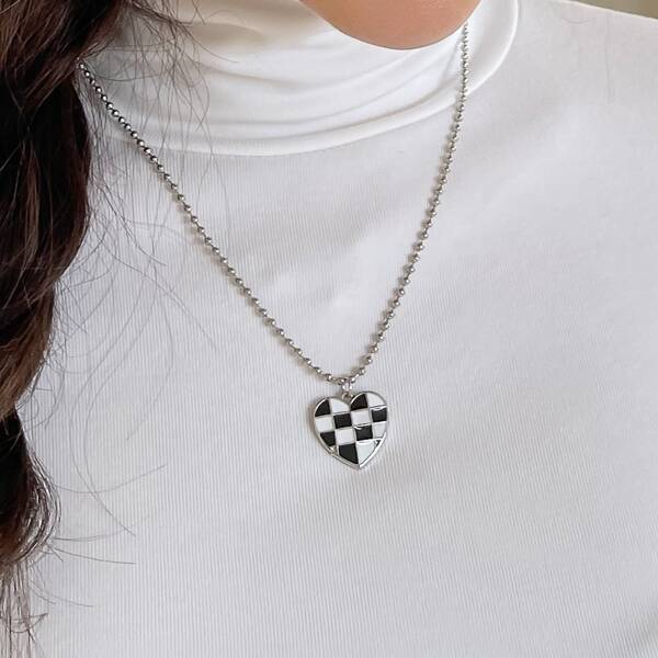 

Plaid Heart Charm Necklace, Silver