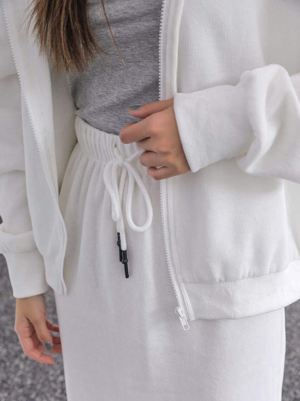 Drop Shoulder Zipper Hoodie & Drawstring Waist Skirt