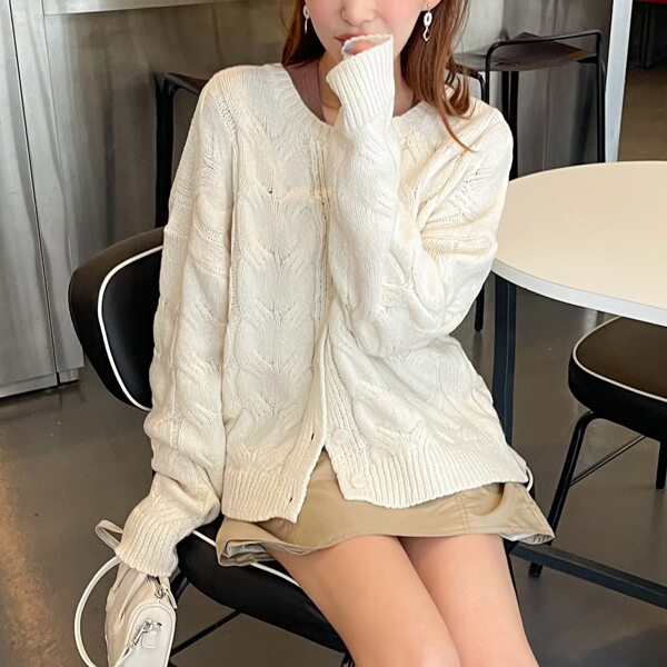 

Cable Knit Drop Shoulder Cardigan, Beige