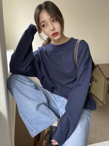 DAZY Suéter De Cuello Redondo Y Hombro Caído De Talla Grande - Azul Marino - Ver 6