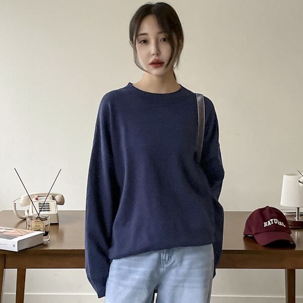 

Round Neck Drop Shoulder Oversized Sweater, Navy blue