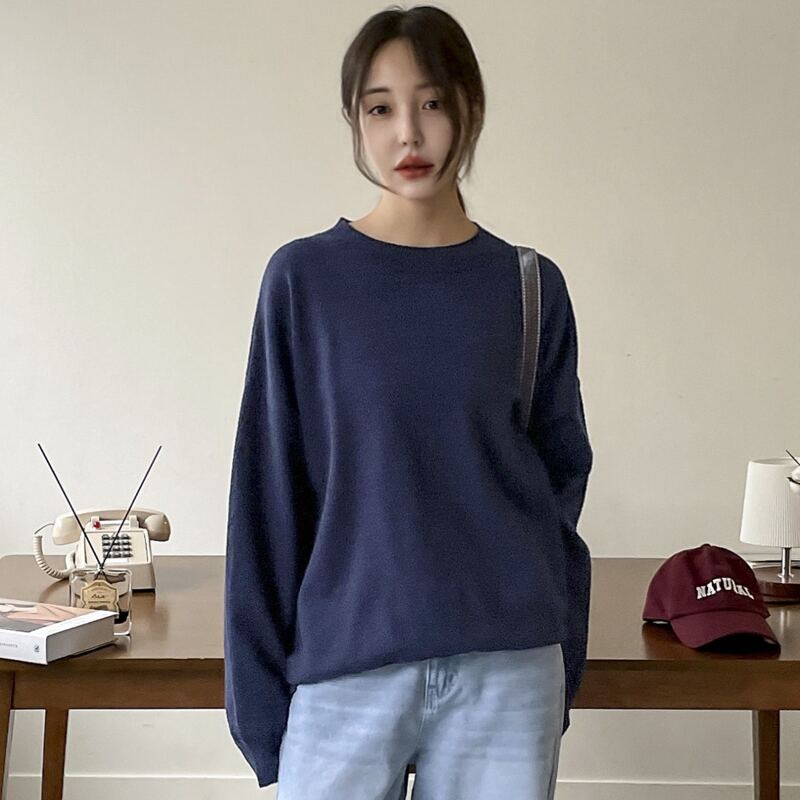 

Round Neck Drop Shoulder Oversized Sweater, Navy blue