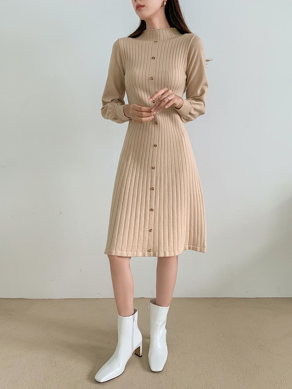 Mock Neck Single Breasted Sweater Dress
