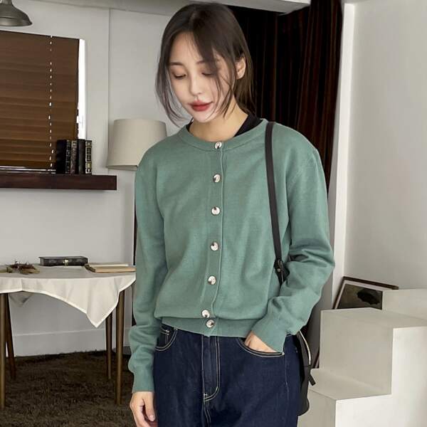 

Button Front Drop Shoulder Cardigan, Green