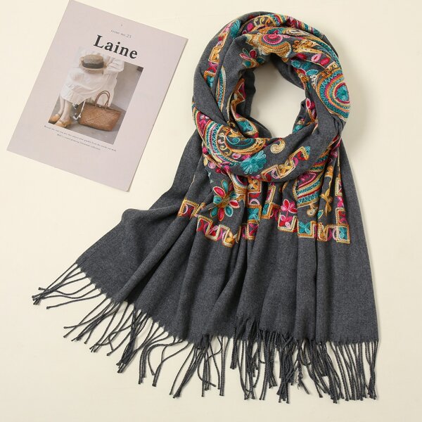 

Paisley Knit Fringe Hem Scarf, Multicolor