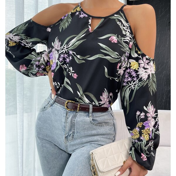 

Keyhole Neck Floral Print Cold Shoulder Lantern Sleeve Top, Multicolor