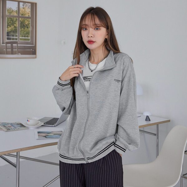 

Letter Graphic Striped Trim Zipper Drop Shoulder Zip Up Oversized Sweatshirt, Grey