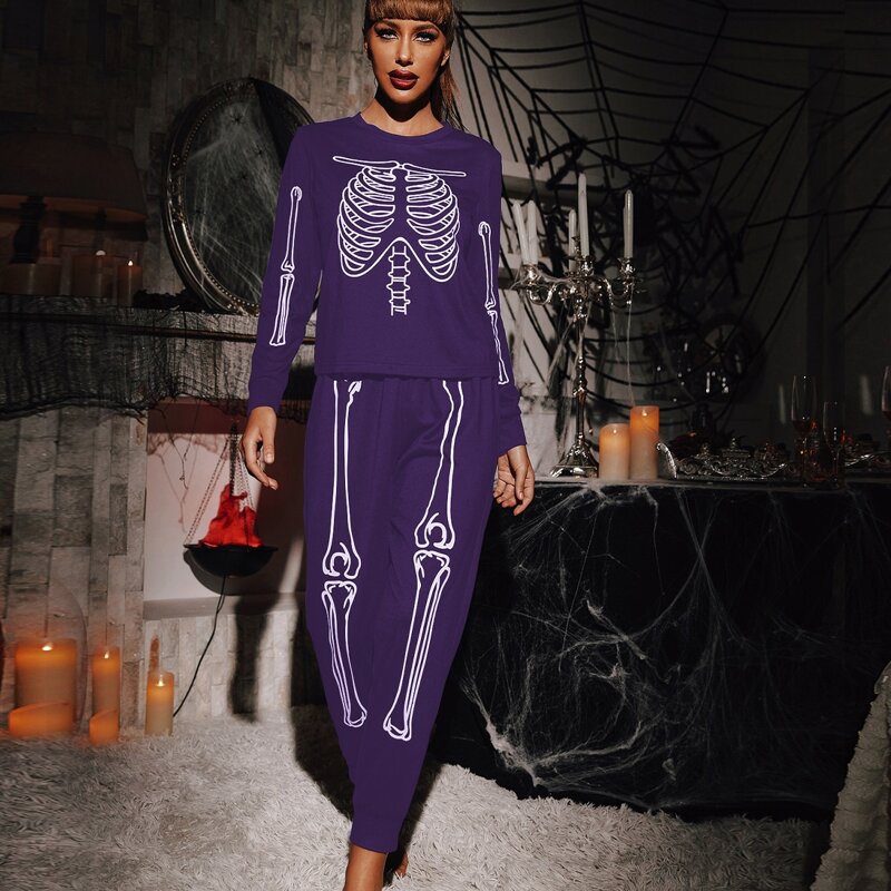 Halloween Print Tee & Sweatpants PJ Set, Purple