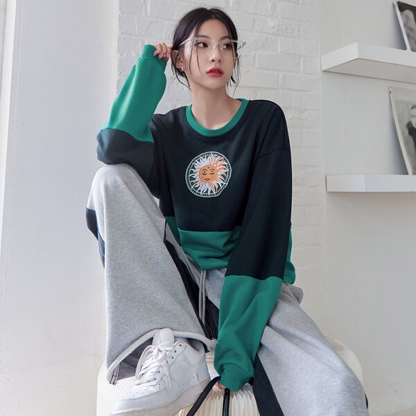 

Two Tone Sun Embroidery Drop Shoulder Oversized Pullover, Multicolor