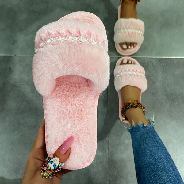

Faux Pearl Decor Fluffy Slippers, Pink