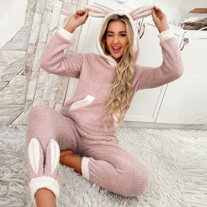 

3D Ear Design Hooded Drop Shoulder Flannel PJ Set, Dusty pink