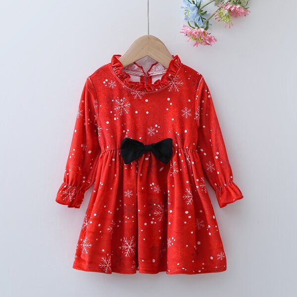 

Baby Velvet Christmas Snowflake Print Flounce Sleeve Bow Front Dress, Red