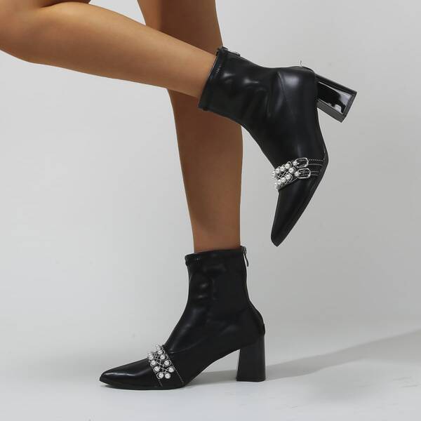 

Faux Pearls Decor Chunky Boots, Black