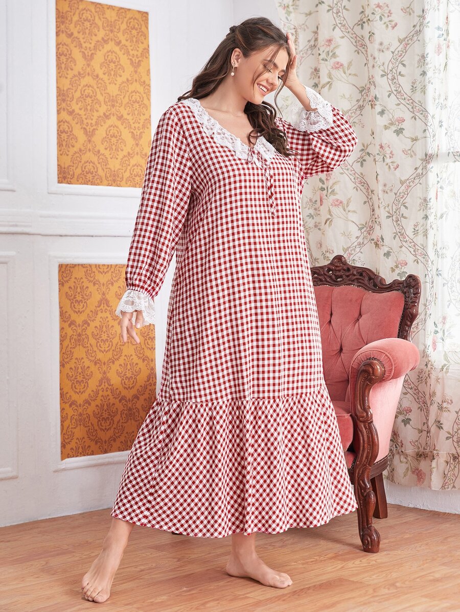SHEIN Plus Gingham Print Flounce Sleeve Smock Sleep Dress - Red and White - View 1