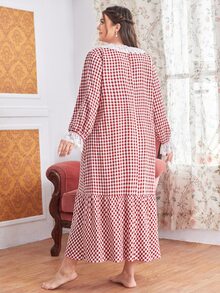 SHEIN Plus Gingham Print Flounce Sleeve Smock Sleep Dress - Red and White - View 2