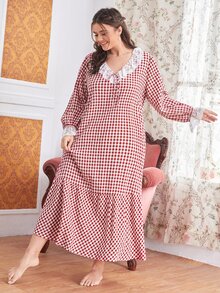 SHEIN Plus Gingham Print Flounce Sleeve Smock Sleep Dress - Red and White - View 5