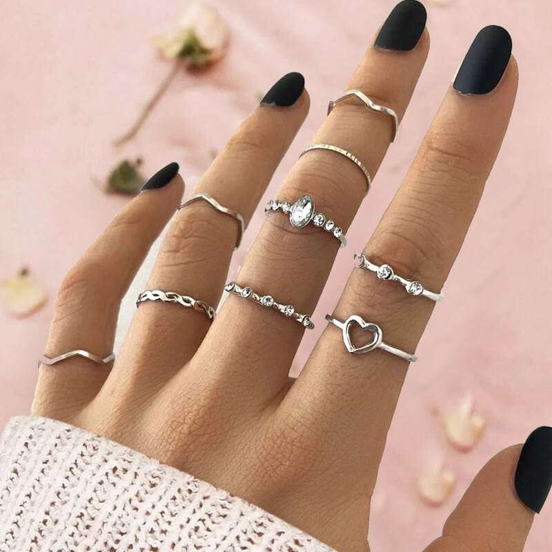 

9pcs Rhinestone Decor Ring, Silver