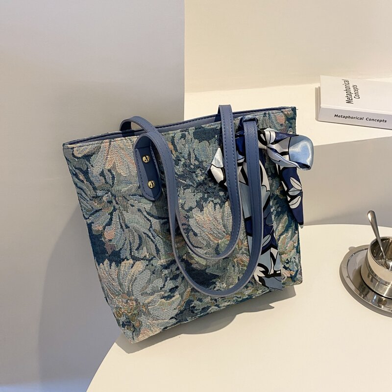 

Floral Graphic Scarf Decor Shoulder Tote Bag, Blue