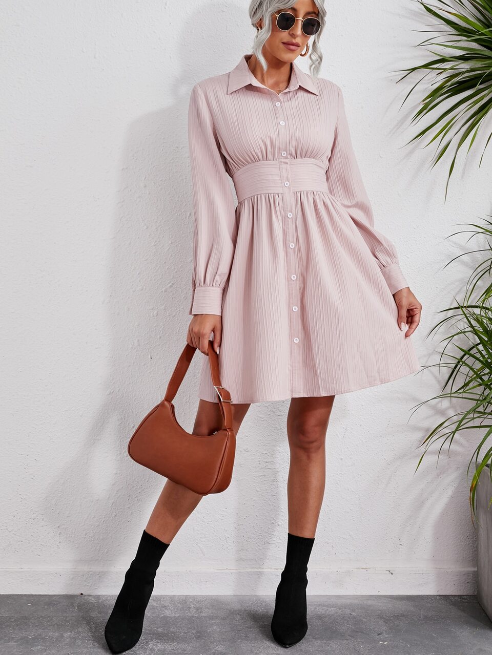 Button Through Solid Shirt Dress