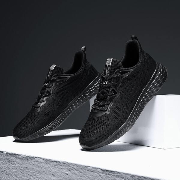 

Men Lace-up Front Knit Running Shoes, Black