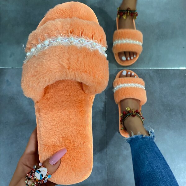 

Lace & Faux Pearl Decor Fluffy Bedroom Slippers, Orange