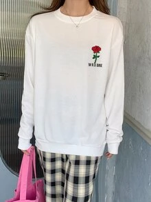 花和字母圖案落肩袖套頭衫 - 白色 - 查看 3