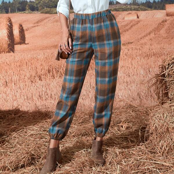 

Plaid Print Elastic Waist Pants, Multicolor