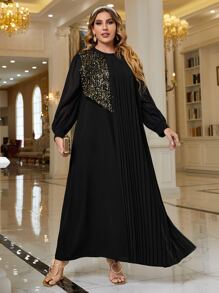 Modelyn Plus Contrast Sequins Plicated Lantern Sleeve Dress