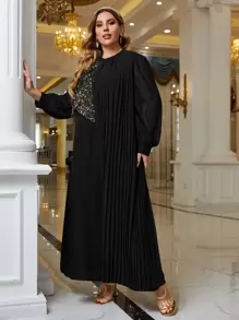 Modelyn Plus Contrast Sequins Plicated Lantern Sleeve Dress