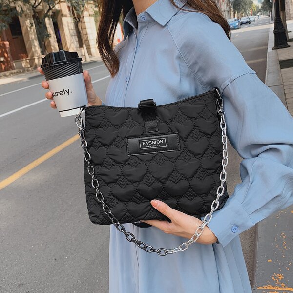

Solid Heart Quilted Chain Shoulder Bag, Black