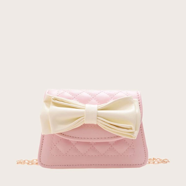 

Girls Bow Decor Quilted Flap Square Bag, Pink