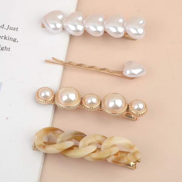 

4pcs Faux Pearl & Heart Decor Hair Clip, Multicolor