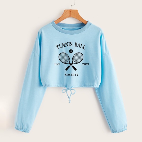 

Racket & Letter Print Drawstring Detail Sweatshirt, Baby blue
