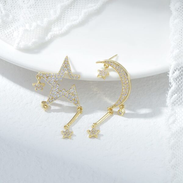 

14K Gold Plated Zircon Star & Moon Earrings