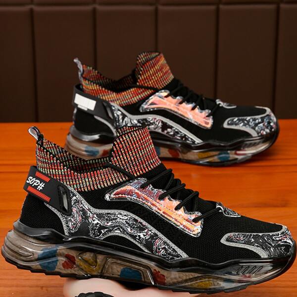 

Men Graphic Print Lace Up Front Sneakers, Black