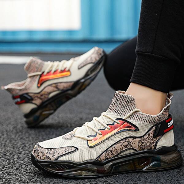 

Men Lace Up Decor Knit Running Shoes, Beige