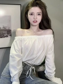 素色可拆卸翻領短款襯衫 - 白色 - 查看 1