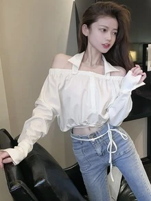 素色可拆卸翻領短款襯衫 - 白色 - 查看 2