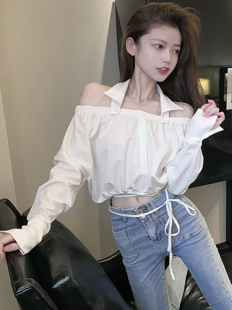 Solid Detachable Collar Crop Blouse - White - View 2