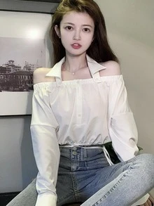 素色可拆卸翻領短款襯衫 - 白色 - 查看 3