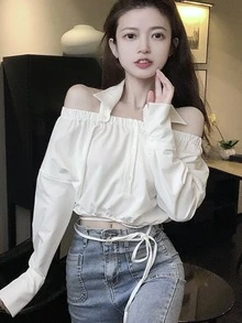 素色可拆卸翻領短款襯衫 - 白色 - 查看 5