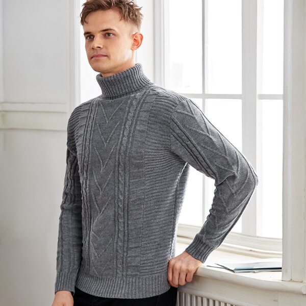 

Men Turtleneck Cable Knit Sweater, Dark grey