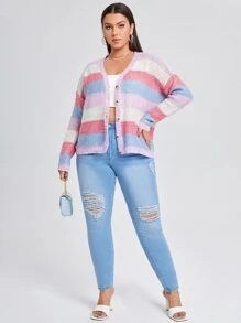 SHEIN áo hở cổ kích thước lớn Nút Khối Màu Giải trí - Nhiều màu - Xem 3