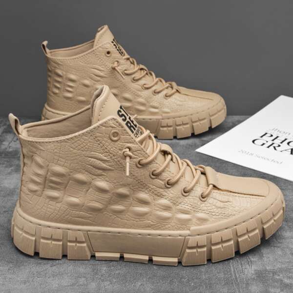 

Men Croc Embossed Lace-up Front High Top Sneakers, Khaki