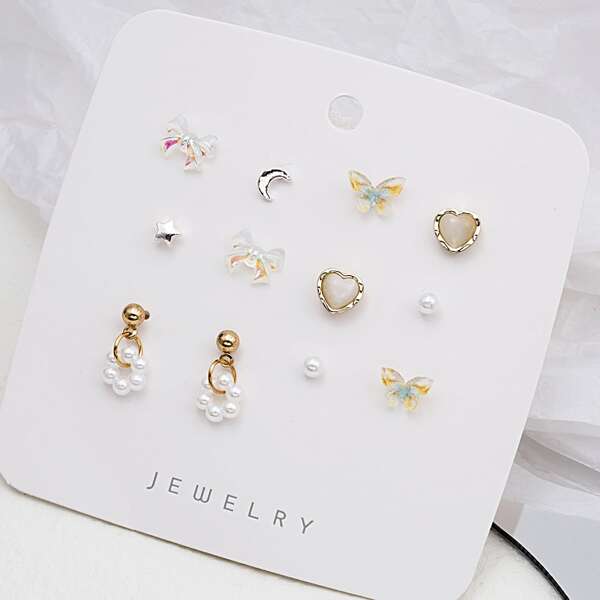 

6pairs Bow Design Earrings, White