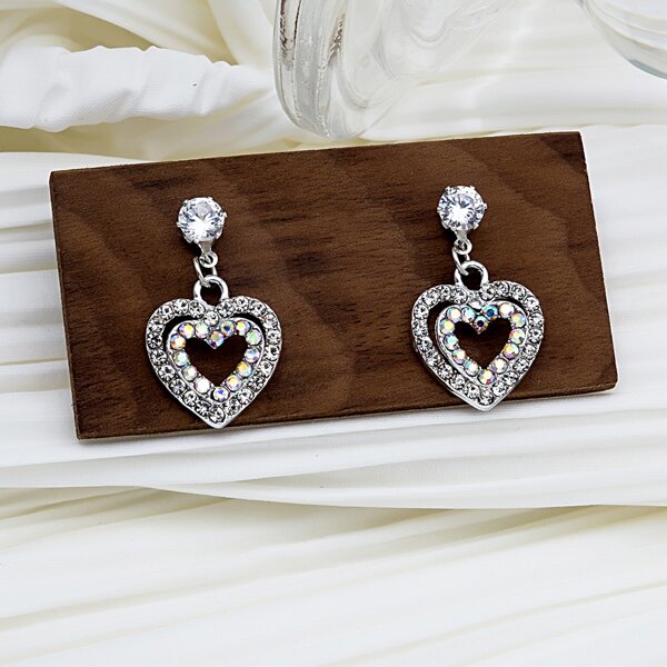 

Zircon Heart Drop Earrings, Silver