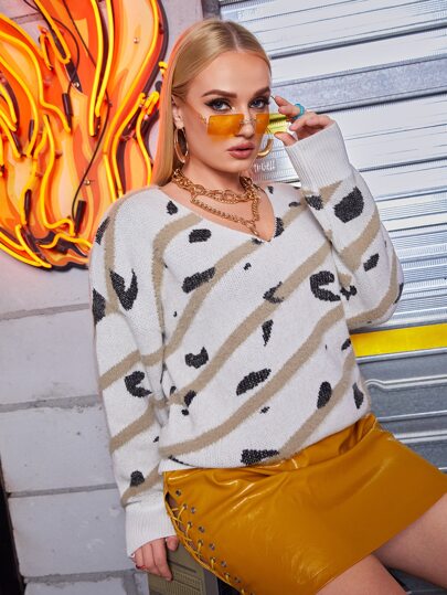 SHEIN EZwear Plus Drop Shoulder Striped & Allover Pattern Sweater