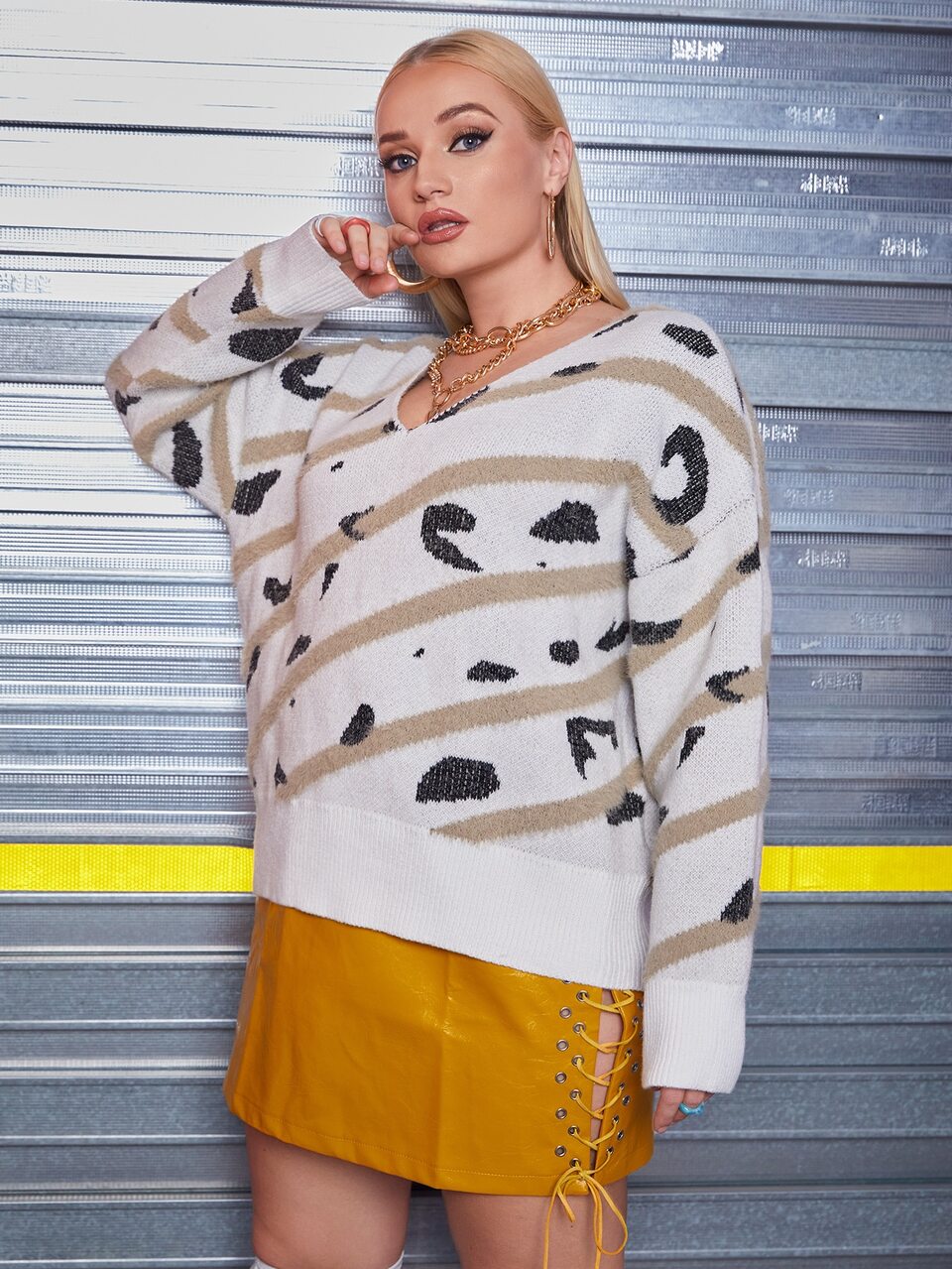 Plus Drop Shoulder Striped & Allover Pattern Sweater